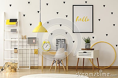 Bright kid play room interior with wooden furniture and black tr Stock Photo