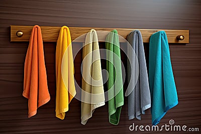 Bright Kitchen colorful towels hanging on rack. Generate AI Stock Photo