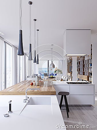 Bright kitchen contemporary style overlooking the living. White and wooden facade. Built-in appliances and designer hoods. Stock Photo