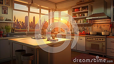 A bright kitchen with an island, in the center of which a window leading to a fussy metropolis Stock Photo