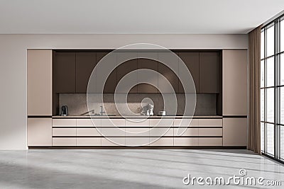 Bright kitchen room interior with brown cupboard, panoramic window Stock Photo