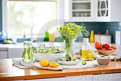 bright kitchen setting, making cucumber dill salad Stock Photo