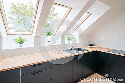 Bright kitchen with slanted ceiling. Stock Photo