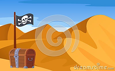 Bright landscape, view of desert with mountains, hills, loose sand, endless expanses with pirate wooden treasure chest, pirate Vector Illustration