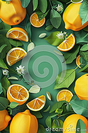 Bright lemon top view mockup. Lemon and green branches in layered paper cut style. Green background, vibrant citrus fruits, empty Stock Photo