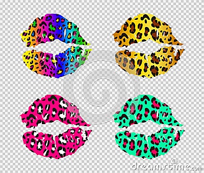 Bright leopard lips set on a transparent background. Painted multicolored female lips. Vector illustration. Vector Illustration