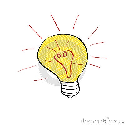 Bright light bulb in doodle style isolated on white background. Big idea, brainstorming or innovation concept. Cartoon Illustration