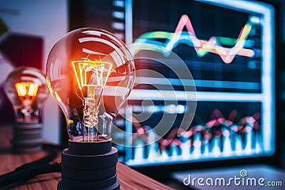 Bright light bulb illuminates graph in background, creating innovative workspace for idea generation Stock Photo