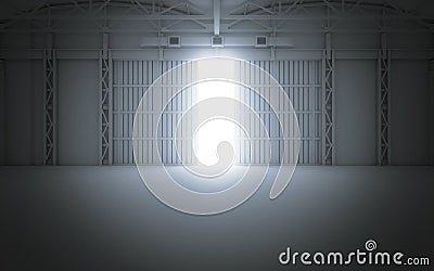 Bright light coming through open hangar doors. 3d rendering Stock Photo