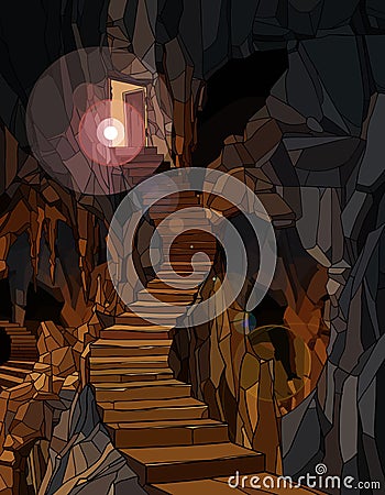 Bright light illuminates a long stone staircase descending into a cave Vector Illustration