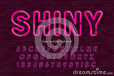 Bright light neon alphabet, retro-futuristic style original type. Vector Illustration