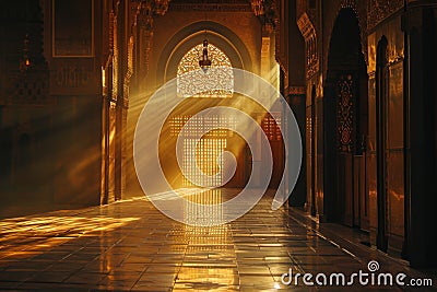 A bright light shines through an open doorway, illuminating the interior of a building, A mosque bathed in warm golden light, Stock Photo