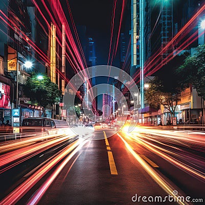 Bright light trails and neon lights along a citystreet created with Generative AI Stock Photo