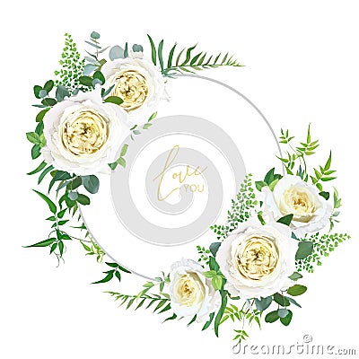 Bright, light yellow and greenery floral editable bouquet set. Elegant cabbage garden roses, maidenhair forest fern, vine branches Vector Illustration