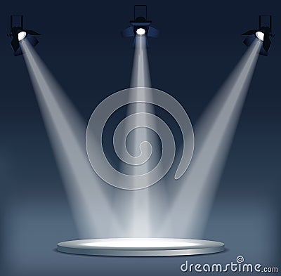 Bright lighting with spotlights. The spotlight illuminates the scene. Vector Illustration