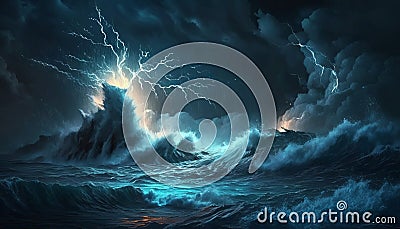 Bright lightning in a raging sea. A strong storm in the ocean. Big waves. Night thunderstorm. Generative ai Cartoon Illustration