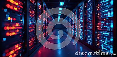 Bright lights illuminate powerful server racks; data streams visualized as glowing lines cybersecurity data hardware Cartoon Illustration