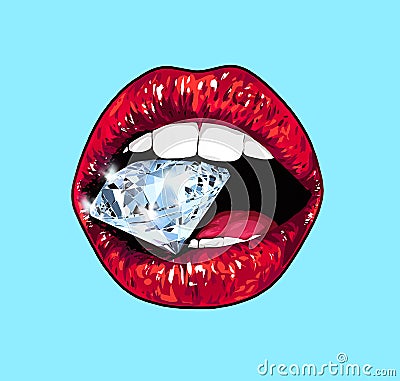 Bright lips holding a sparkling brilliant. Realistic graphic illustration. Blue Cartoon Illustration