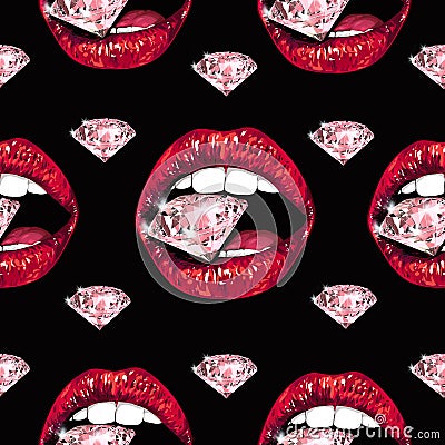 Bright lips holding a sparkling brilliant. Seamless pattern. Realistic graphic drawing. Background. Black color Stock Photo