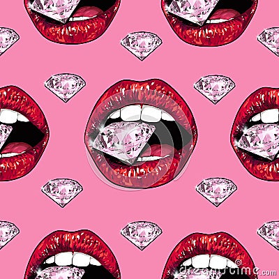 Bright lips holding a sparkling brilliant. Seamless pattern. Realistic graphic drawing. Background. Pink color Stock Photo