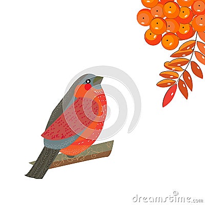 Bright little bullFinch sits up and looks at the berries and lea Vector Illustration