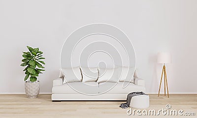 Bright living room for mockup with white sofa, white modern lamp, plant. Furnished living room with white wall and wooden floor. Cartoon Illustration