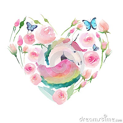 Bright lovely cute fairy magical colorful heart of unicorn with spring pastel cute beautiful flowers Stock Photo