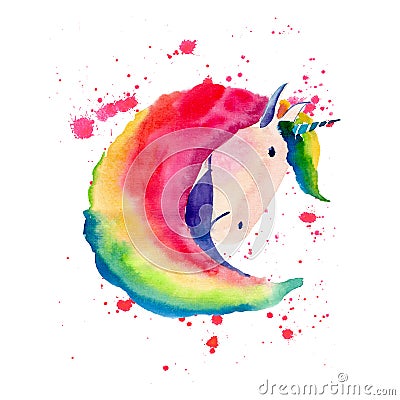Bright lovely cute fairy magical colorful pattern of unicorn on red spray background watercolor hand illustration Cartoon Illustration