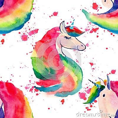 Bright lovely cute fairy magical colorful pattern of unicorns on red spray background watercolor hand illustration. Cartoon Illustration