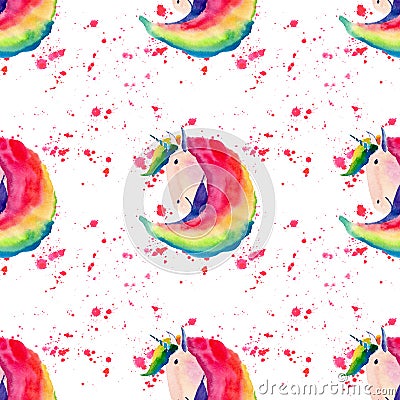 Bright lovely cute fairy magical colorful pattern of unicorns on red spray background watercolor hand illustration. Cartoon Illustration