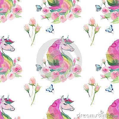 Bright lovely cute fairy magical colorful pattern of unicorns with spring pastel cute beautiful flowers and tropical butterflies Stock Photo