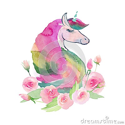 Bright lovely cute fairy magical colorful pattern of unicorns with spring pastel cute beautiful flowers watercolor Stock Photo