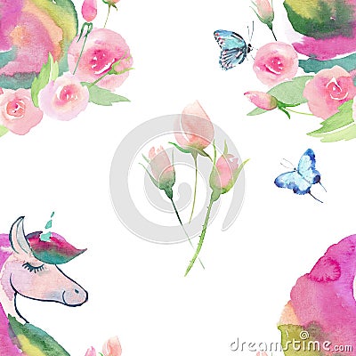 Bright lovely cute fairy magical colorful pattern of unicorns with spring pastel cute beautiful flowers watercolor Stock Photo