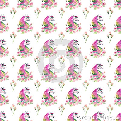 Bright lovely cute fairy magical colorful pattern of unicorns with spring pastel cute beautiful flowers watercolor Stock Photo