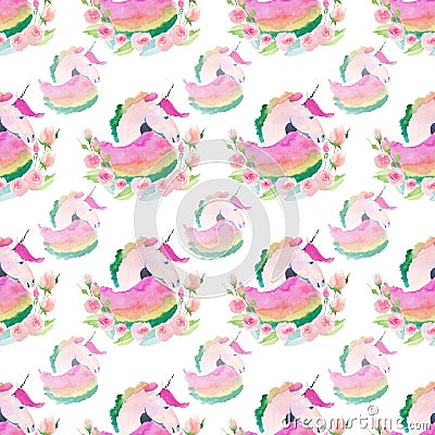 Bright lovely cute fairy magical colorful pattern of unicorns with spring pastel cute beautiful flowers watercolor Stock Photo