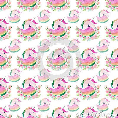 Bright lovely cute fairy magical colorful pattern of unicorns with spring pastel cute beautiful flowers watercolor Stock Photo
