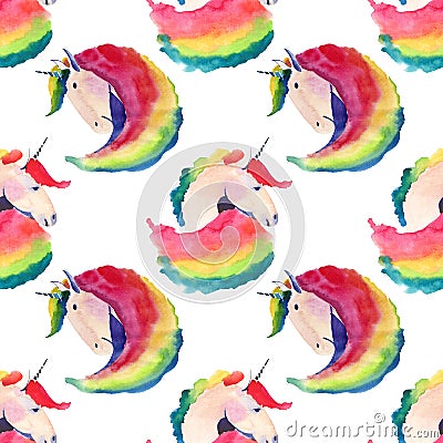 Bright lovely cute fairy magical colorful pattern of unicorns watercolor hand sketch. Stock Photo