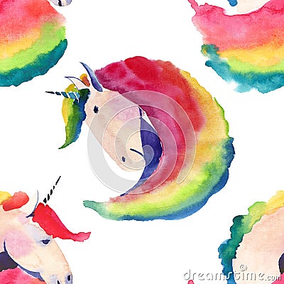 Bright lovely cute fairy magical colorful pattern of unicorns watercolor hand sketch Stock Photo