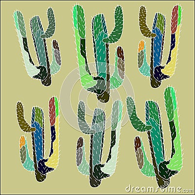 Bright lovely sophisticated mexican hawaii tropical floral herbal summer green seamless pattern of a cactus paint like child on ol Cartoon Illustration