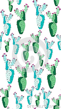 Bright lovely sophisticated mexican hawaii tropical floral herbal summer green seamless pattern of a cactus paint like child vecto Vector Illustration