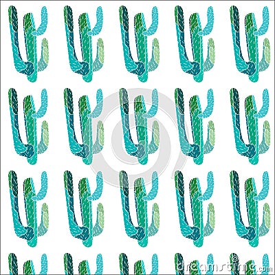 Bright lovely sophisticated mexican hawaii tropical floral herbal summer green seamless pattern of a cactus paint like child vecto Vector Illustration