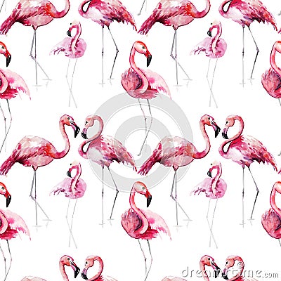 Bright lovely tender gentle sophisticated wonderful tropical hawaii animal wild summer beach pink flamingos pattern watercolor han Stock Photo