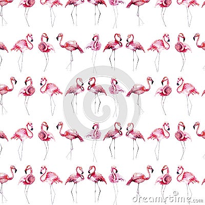 Bright lovely tender gentle sophisticated wonderful tropical hawaii animal wild summer beach pink flamingos pattern watercolor han Stock Photo