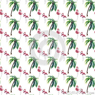 Bright lovely tender gentle sophisticated wonderful tropical hawaii summer pattern of green palm tree and pink flamingos watercolo Stock Photo