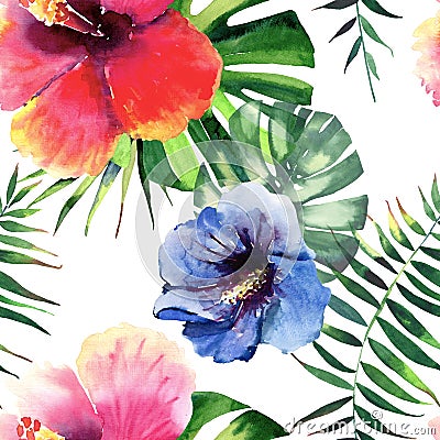 Bright lovely tropical hawaii floral herbal summer pattern of red, pink, blue, yellow tropical flowers hibiscus and green palms l Cartoon Illustration