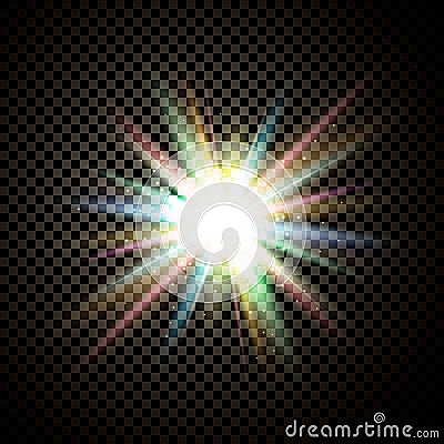 Bright luminous multicolored light effect isolated on a dark background with colored rays, highlights and stars. Vector Illustration