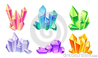 Bright Many Sided Crystals at Different Angles Vector Set Vector Illustration