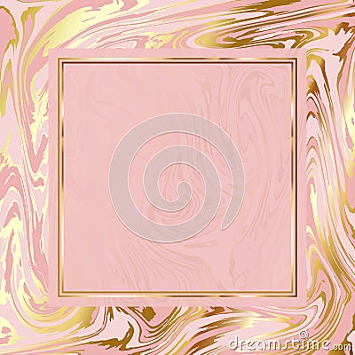 Bright marble paper vector texture imitation, pale rose pink and gold background, elegant golden frame Vector Illustration