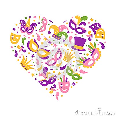 Bright Mardi Gras or Fat Tuesday Carnival Celebration with Mask and Feather Arranged in Heart Vector Template Stock Photo