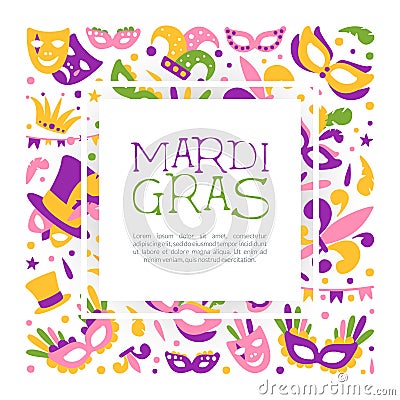 Bright Mardi Gras or Fat Tuesday Carnival Celebration with Mask and Feather Vector Card Template Vector Illustration